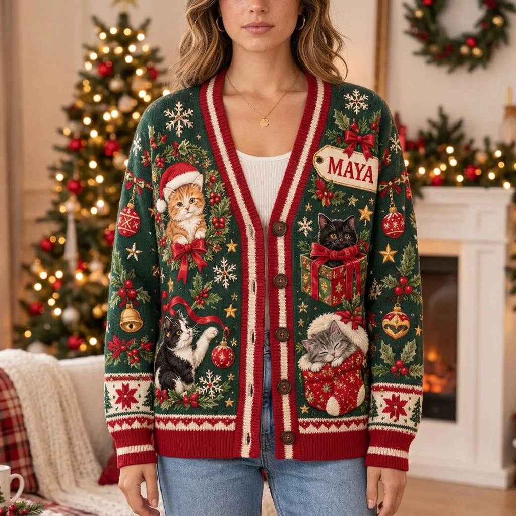 Female US model wearing the green Christmas cat cardigan
