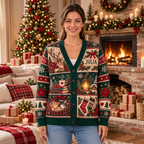 Female US model wearing the reindeer and kittens Christmas cardigan