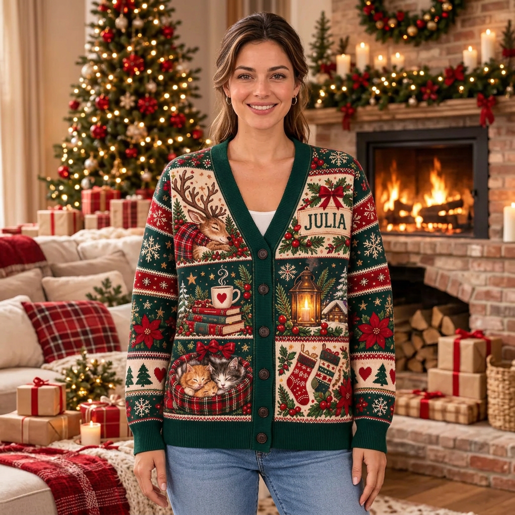 Female US model wearing the reindeer and kittens Christmas cardigan