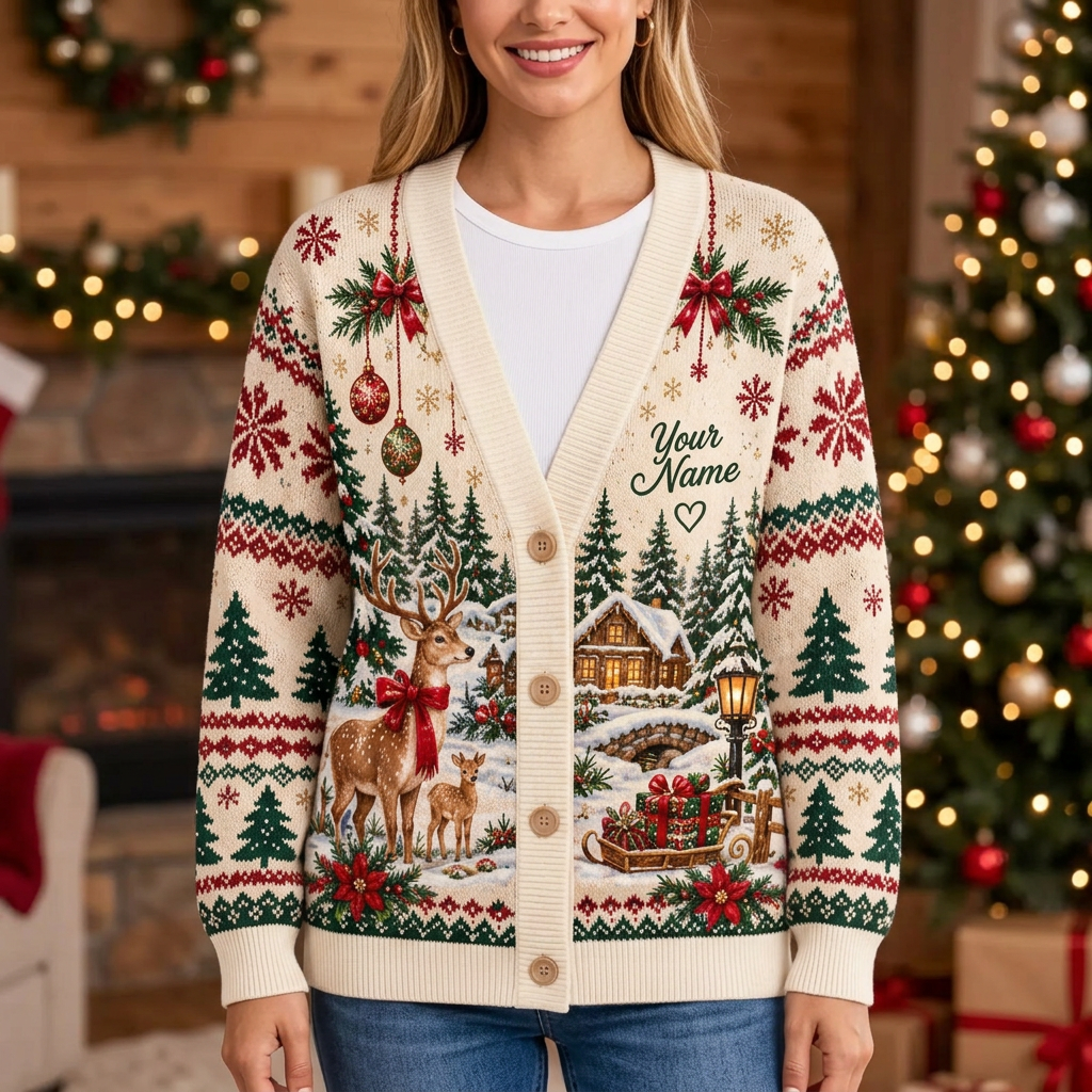 Female US model wearing the reindeer and snowy cabin cardigan