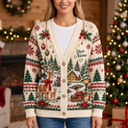 Female US model wearing the reindeer and snowy cabin cardigan
