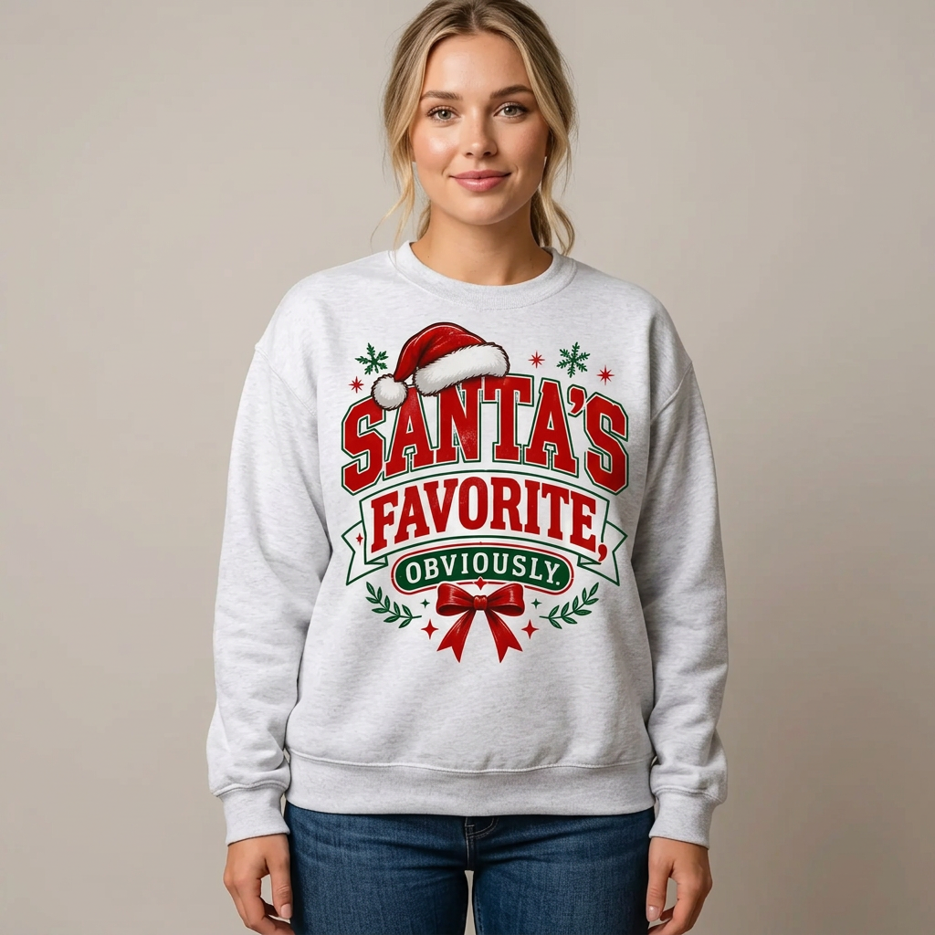 Female US model wearing the Santa’s Favorite sweatshirt