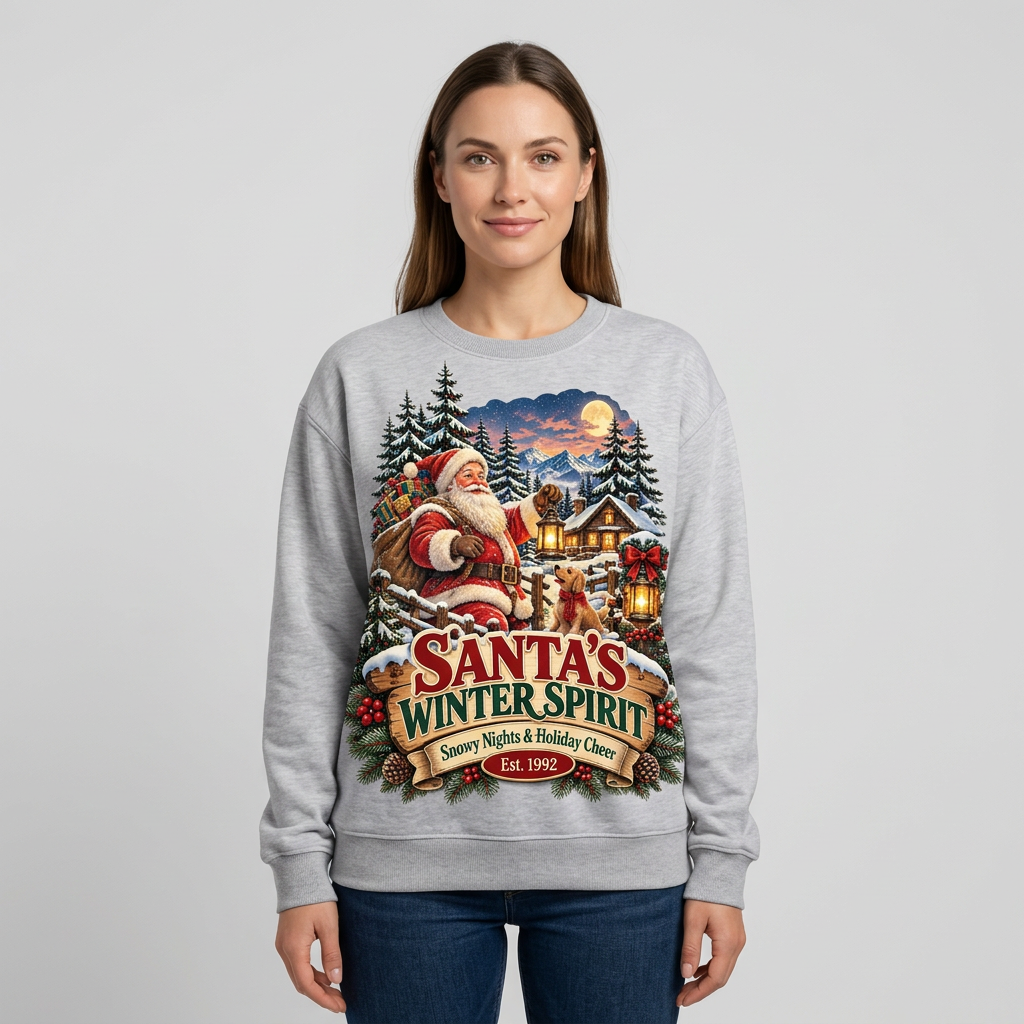 Female US model wearing the Santa’s Winter Spirit sweatshirt
