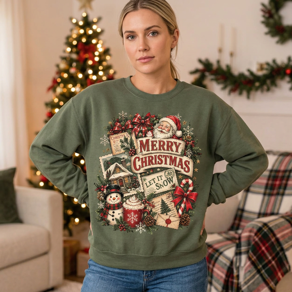 Female vintage Christmas postcard sweatshirt mockup