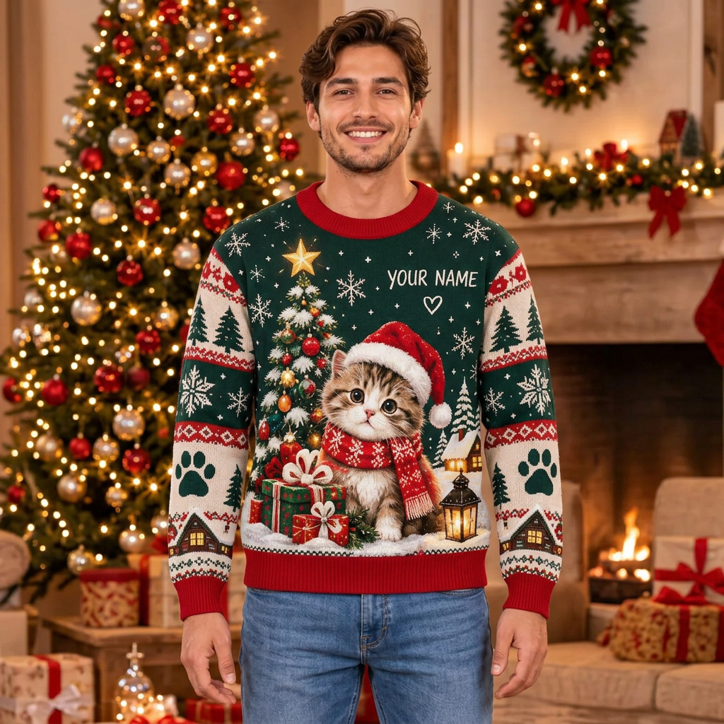 Male Christmas cat sweater mockup