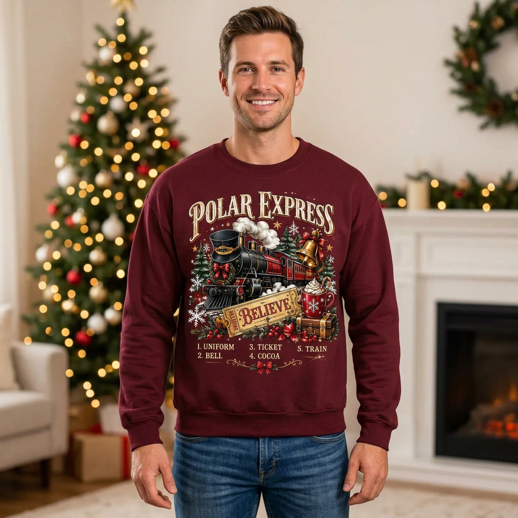 Male maroon Polar Express sweatshirt mockup