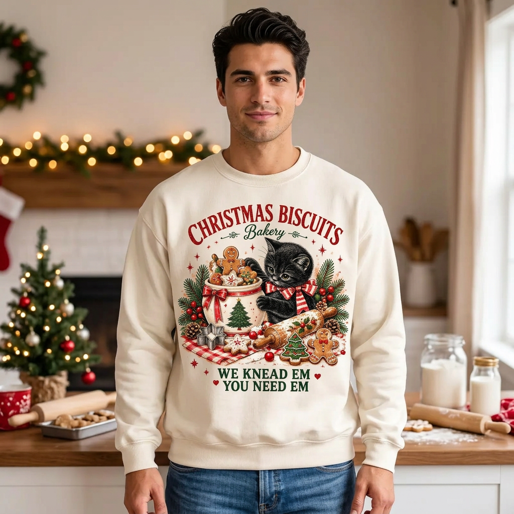 Male model wearing Christmas Biscuits Bakery sweatshirt