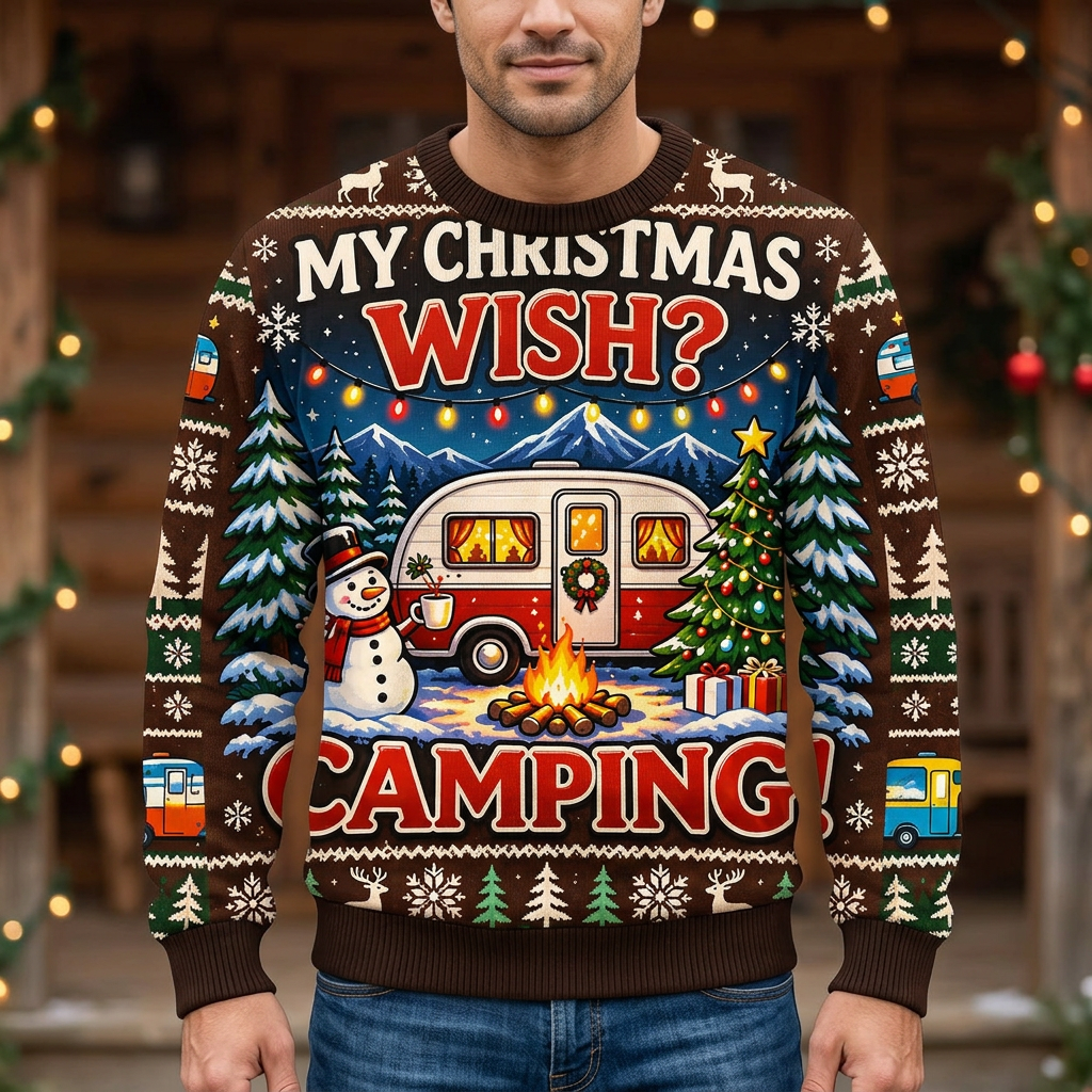 Male model wearing Christmas camping sweater