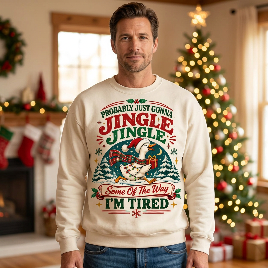 Male model wearing Christmas goose sweatshirt