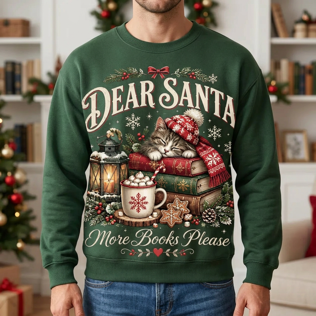 Male model wearing Dear Santa More Books Please sweatshirt