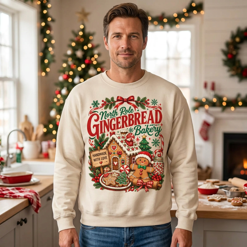 Male model wearing North Pole Gingerbread Bakery sweatshirt