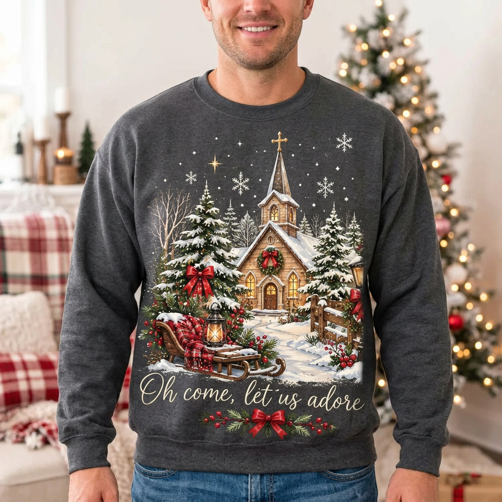 Male model wearing Oh Come Let Us Adore Him sweatshirt