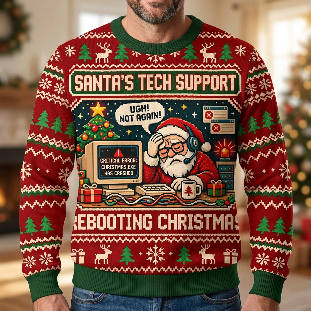 Male model wearing Santa’s Tech Support sweater