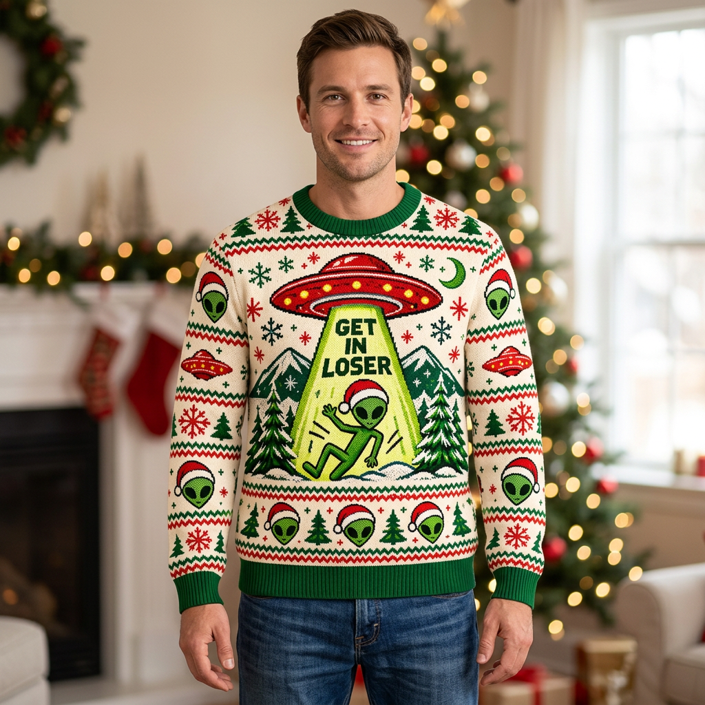 Male model wearing the alien UFO Christmas sweater