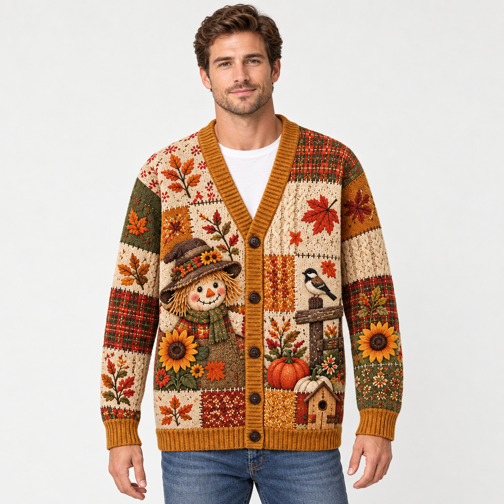 Male model wearing the autumn patchwork cardigan