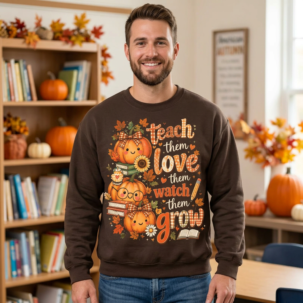 Male model wearing the autumn teacher sweatshirt