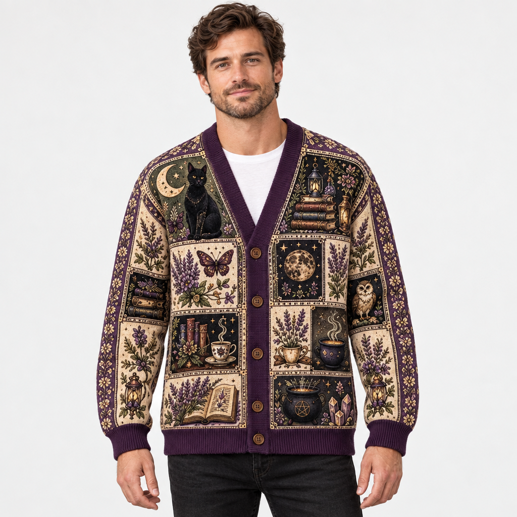 Male model wearing the Autumn Witchy cardigan