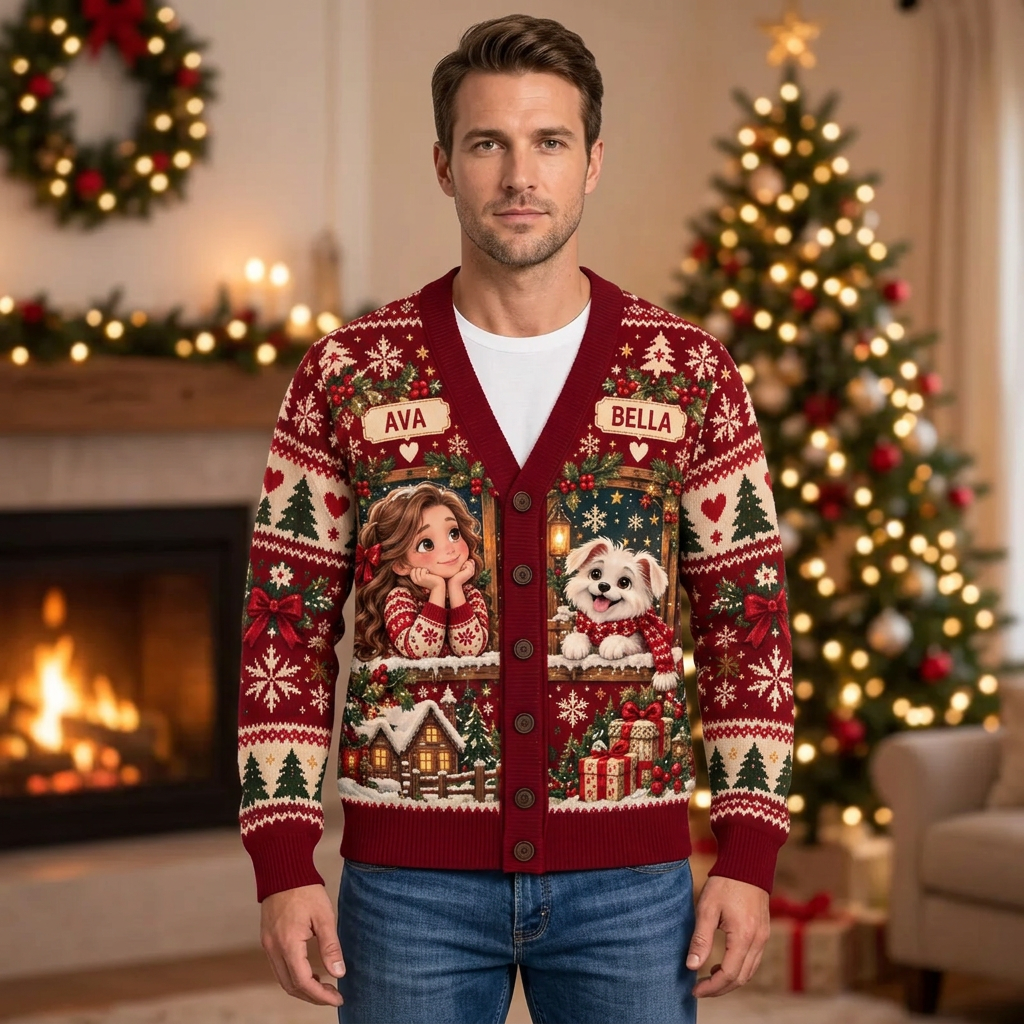 Male model wearing the Ava and Bella Christmas cardigan