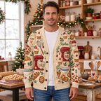 Male model wearing the baking-themed cardigan