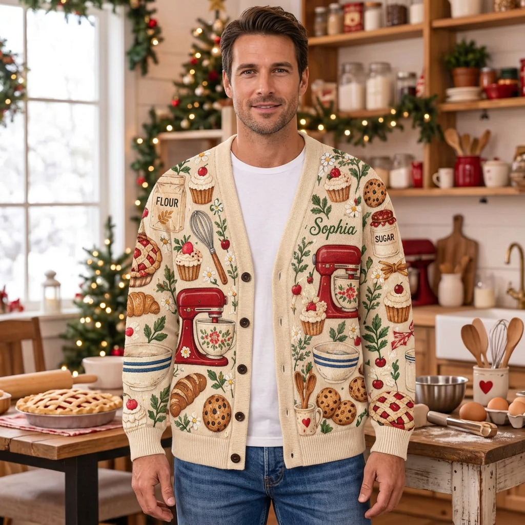 Male model wearing the baking-themed cardigan