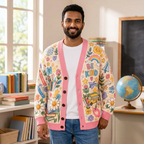 Male model wearing the Be Kind cardigan