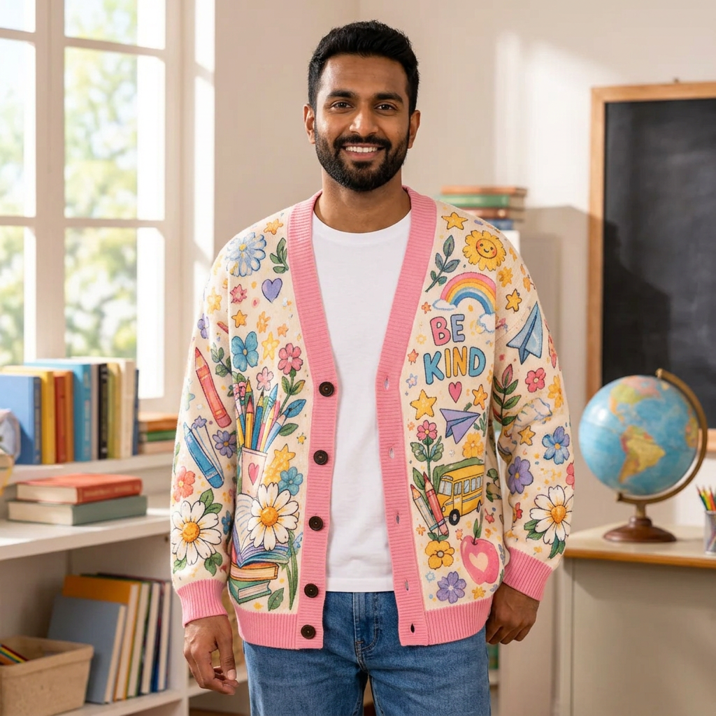 Male model wearing the Be Kind cardigan