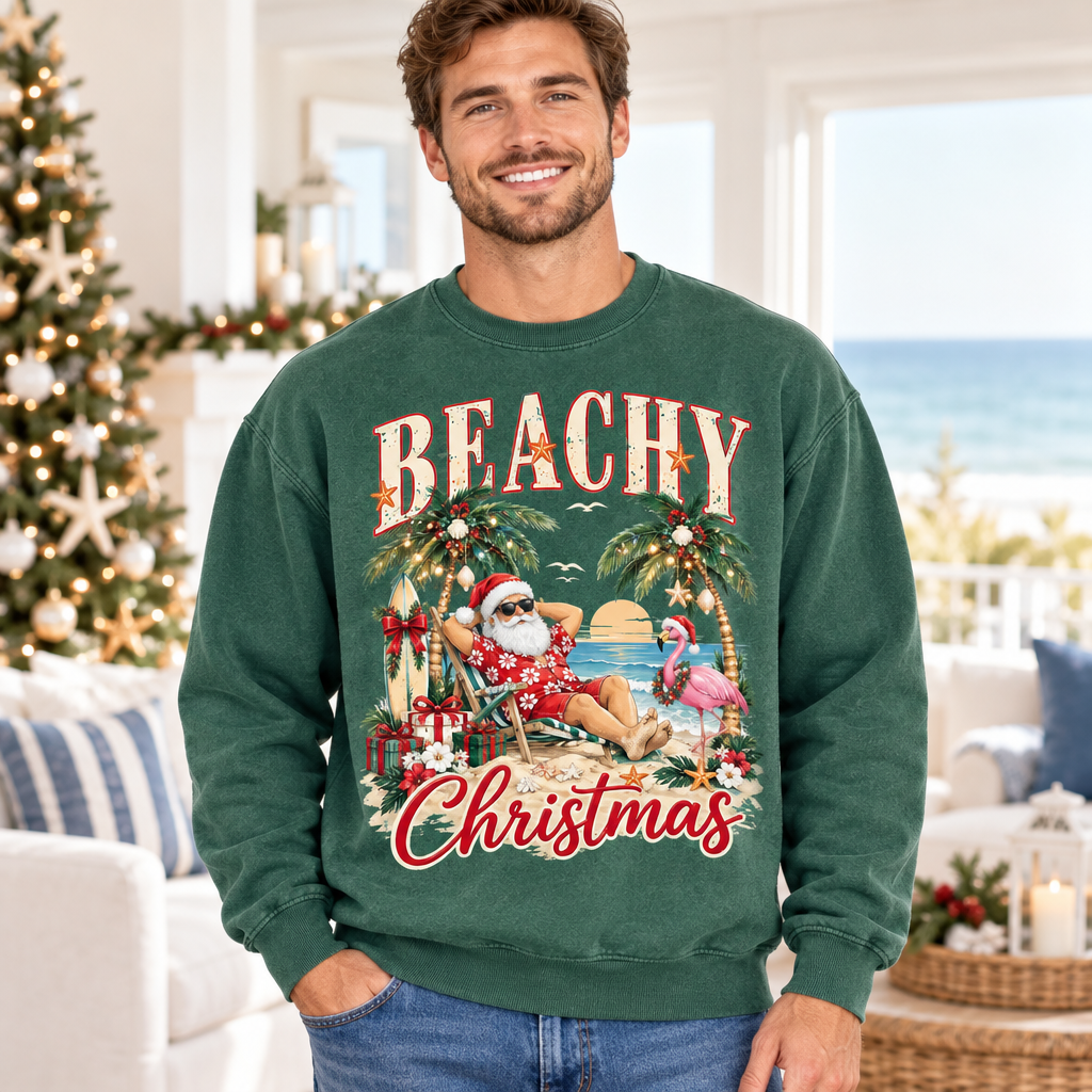 Male model wearing the Beachy Christmas sweatshirt