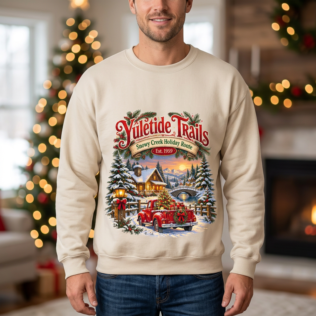 Male model wearing the beige Yuletide Trails sweatshirt
