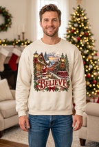 Male model wearing the Believe Christmas sweatshirt