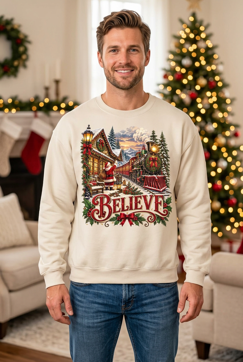 Male model wearing the Believe Christmas sweatshirt