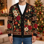 Male model wearing the black Christmas cardigan