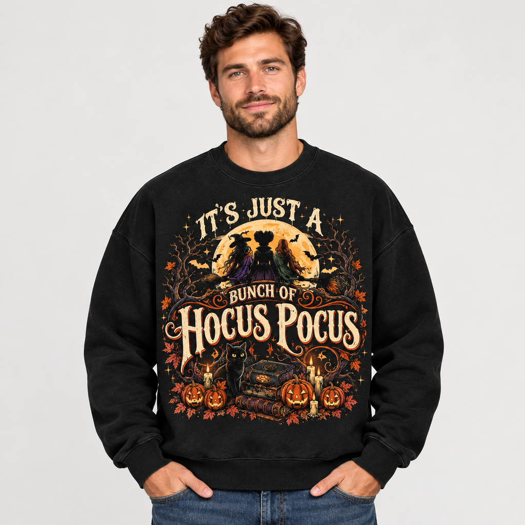 Male model wearing the black Hocus Pocus sweatshirt