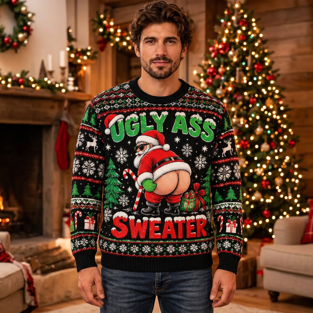 Male model wearing the black Santa Christmas sweater