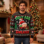 Male model wearing the black Santa Christmas sweater
