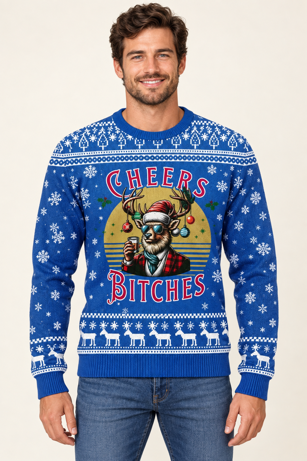 Male model wearing the blue Cheers Bitches sweater