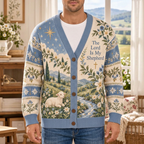 Male model wearing the blue Christian cardigan