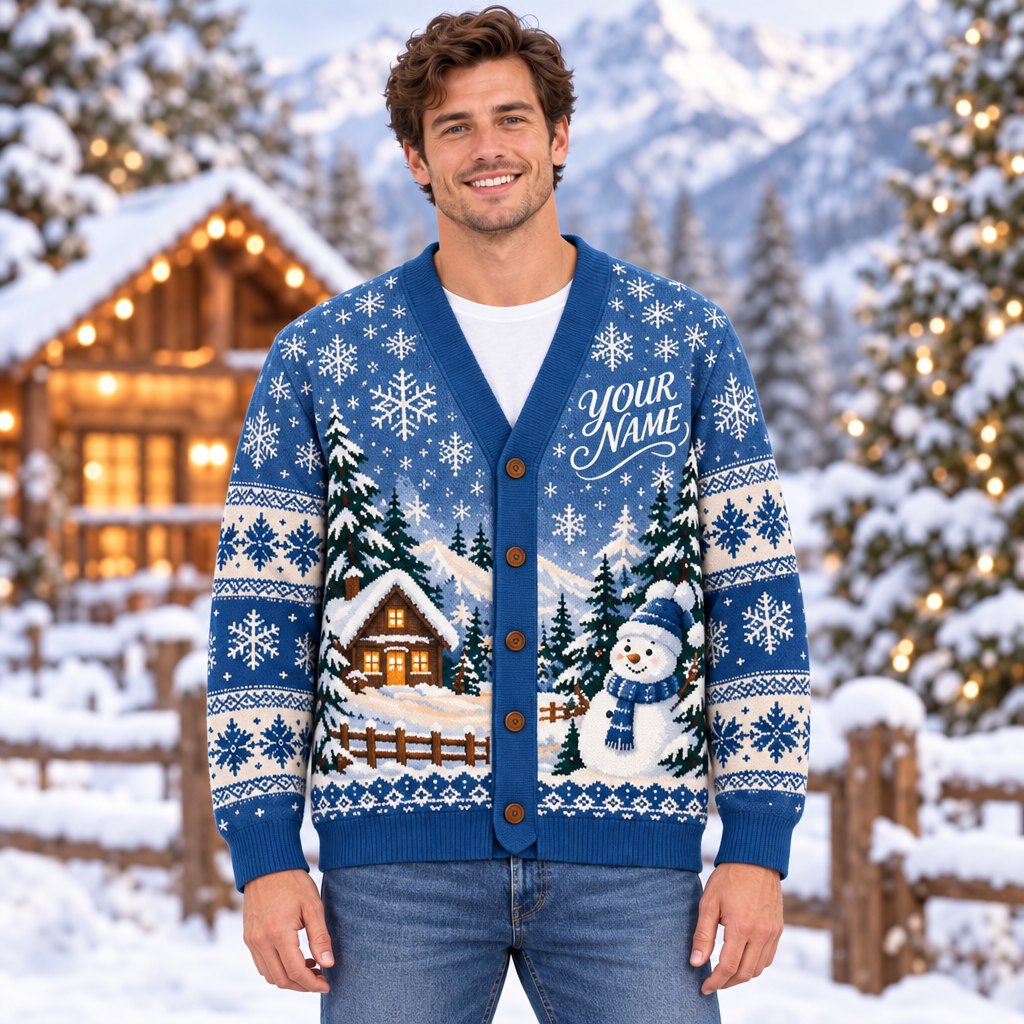 Male model wearing the blue Christmas cardigan