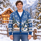 Male model wearing the blue Christmas cardigan