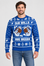 Male model wearing the blue football Christmas sweater