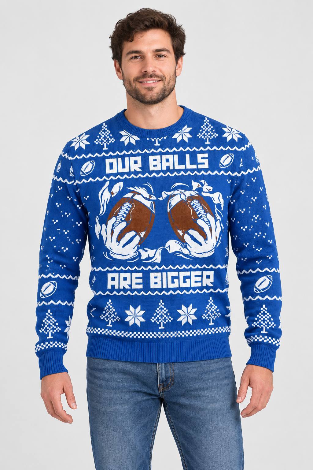 Male model wearing the blue football Christmas sweater