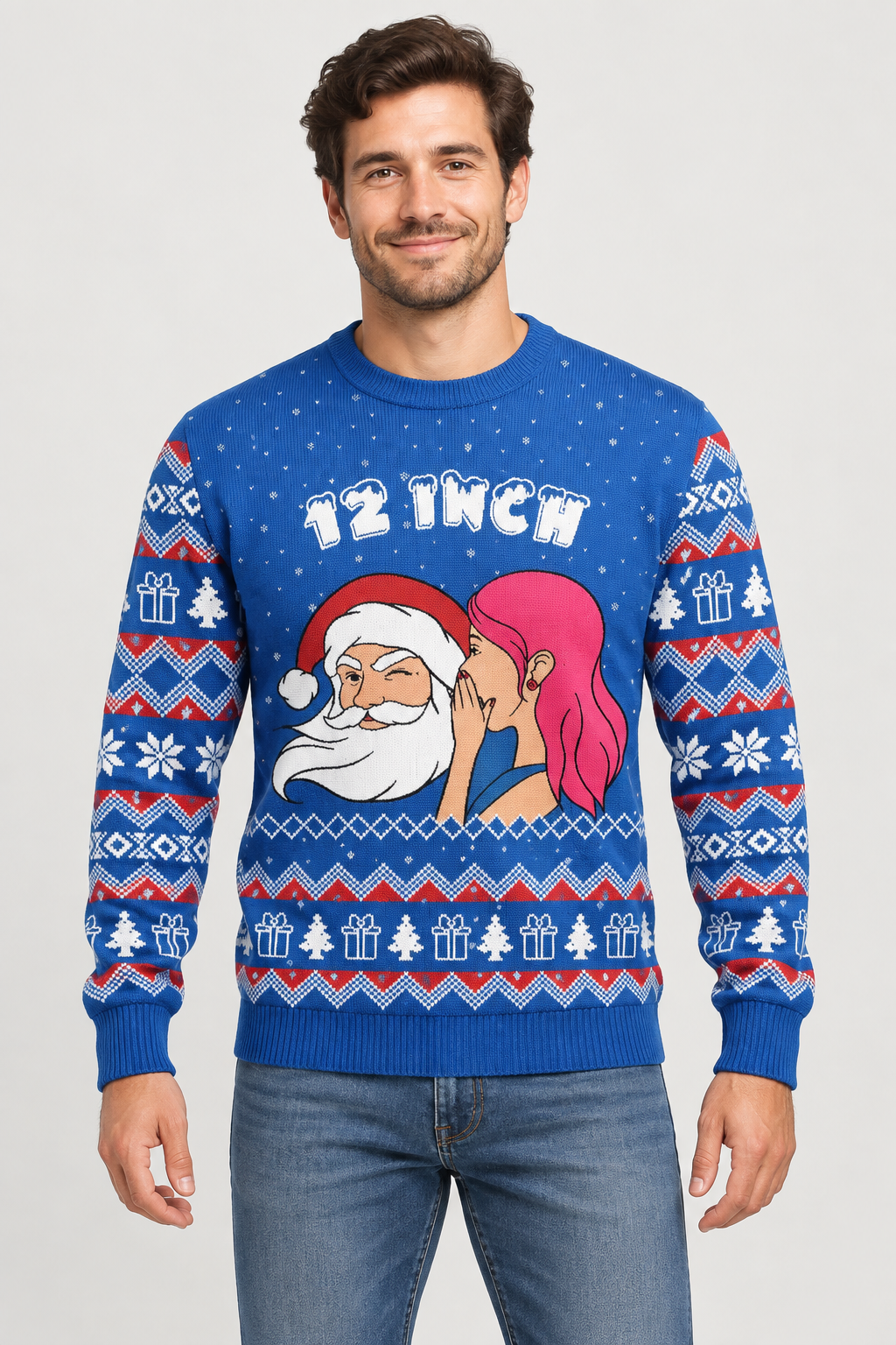 Male model wearing the blue Santa Christmas sweater