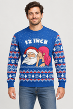 Male model wearing the blue Santa Christmas sweater