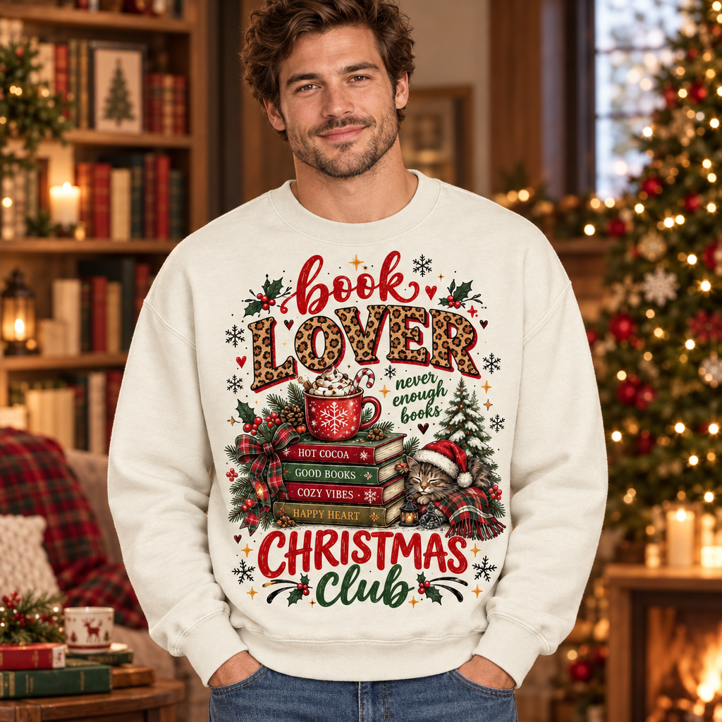 Male model wearing the Book Lover Christmas Club sweatshirt