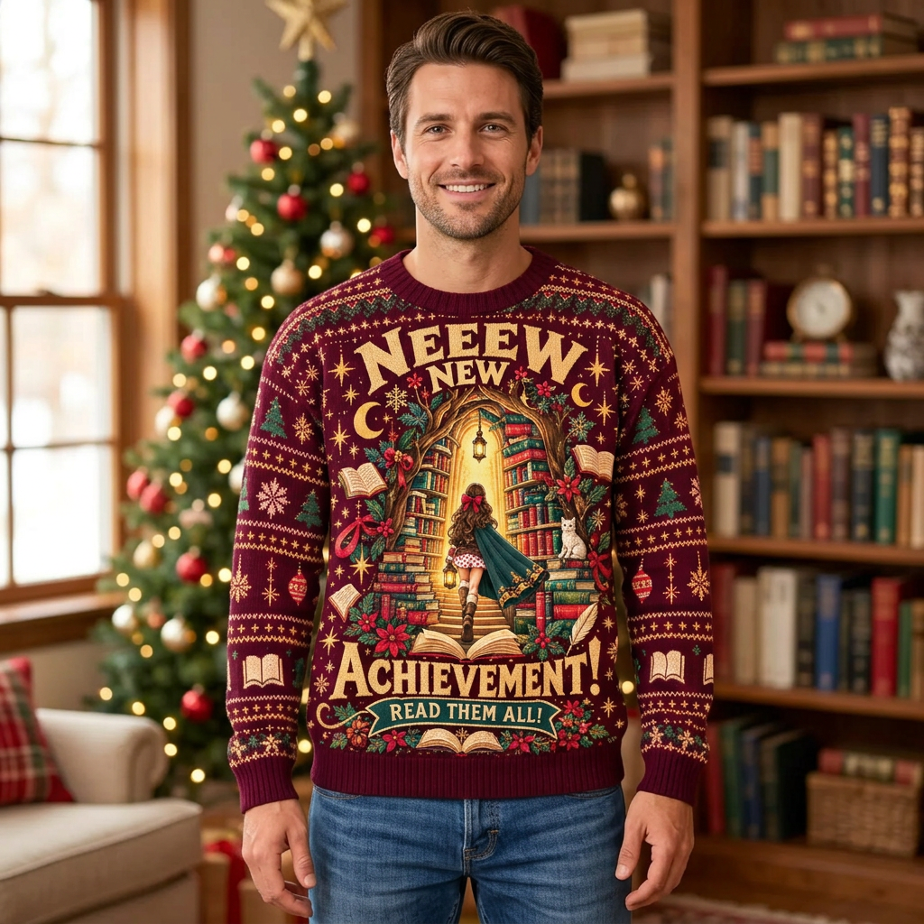 Male model wearing the bookish Christmas sweatshirt