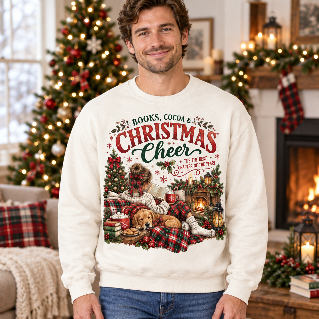 Male model wearing the Books, Cocoa & Christmas Cheer sweatshirt