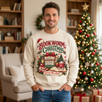 Male model wearing the Bookworm Christmas sweatshirt