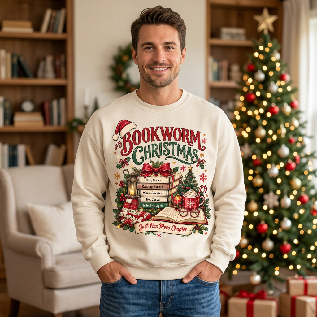 Male model wearing the Bookworm Christmas sweatshirt