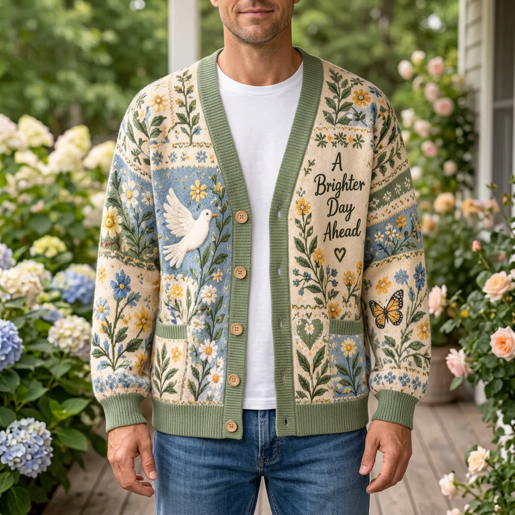 Male model wearing the Brighter Day Garden cardigan