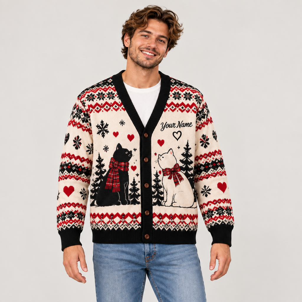 Male model wearing the cat-themed Christmas cardigan