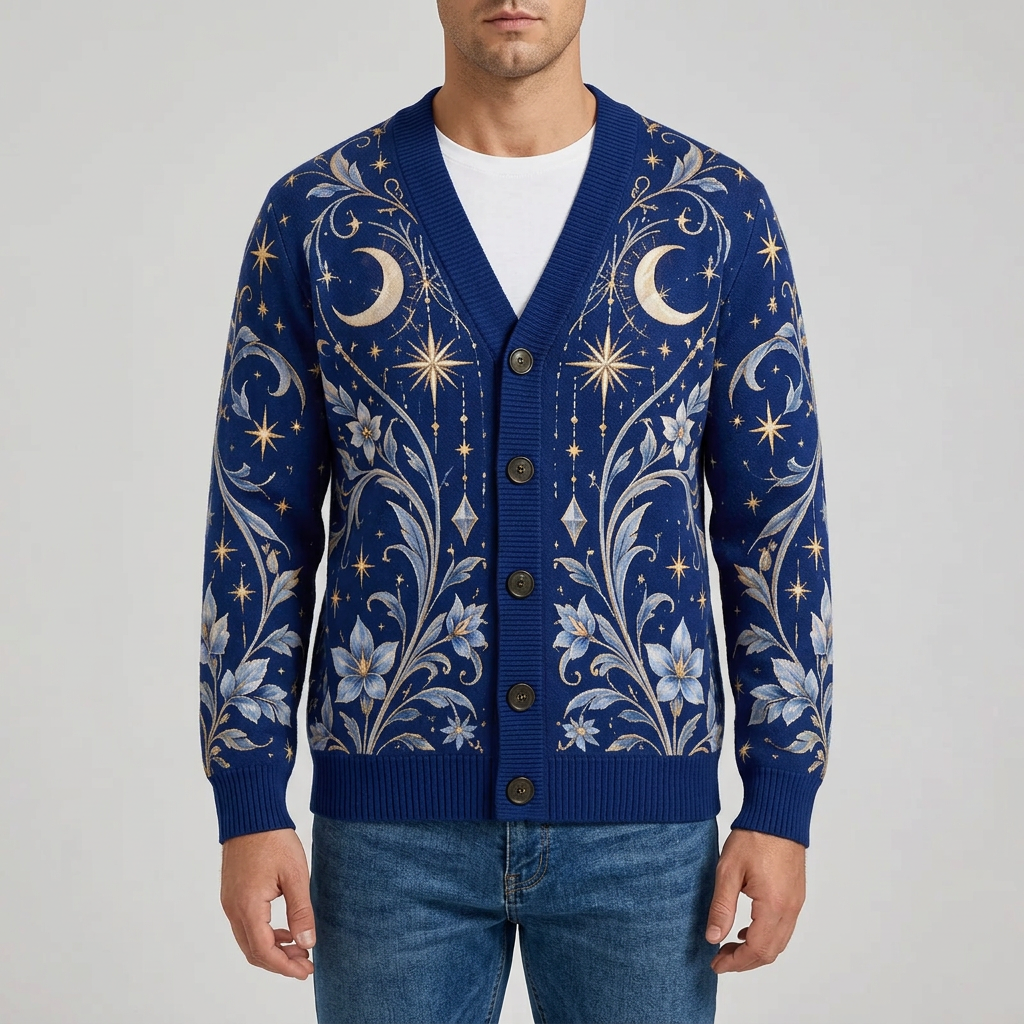 Male model wearing the celestial cardigan